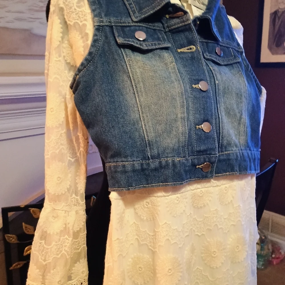 Rare Editions Gold Embellished Sundress Sleeveless Casual Jean Lace New